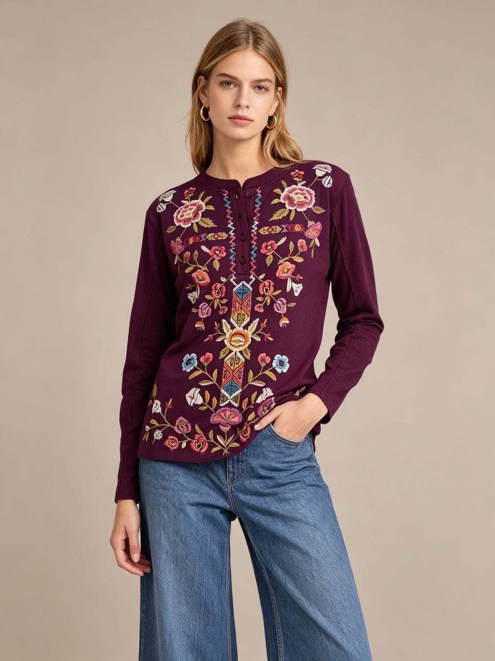 NWOT Johnny Was Floral Embroidered Henley Top Tee Long Sleeve Boho Size L